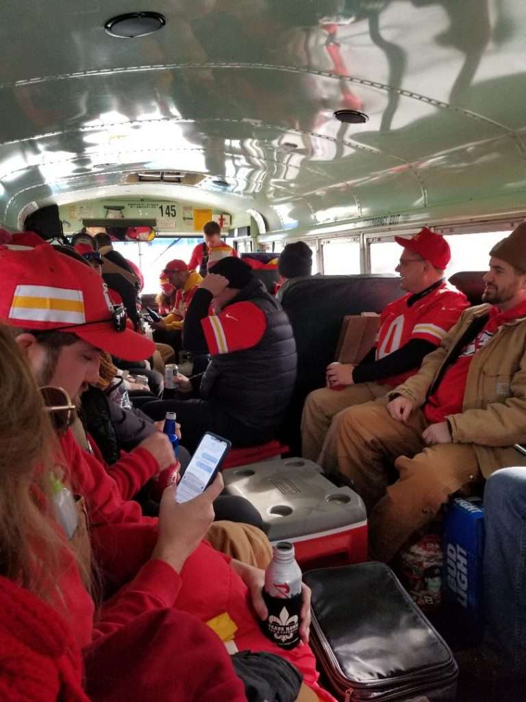 AFC Championship, Patriots and Chiefs. Inside the Tailgate Bus.