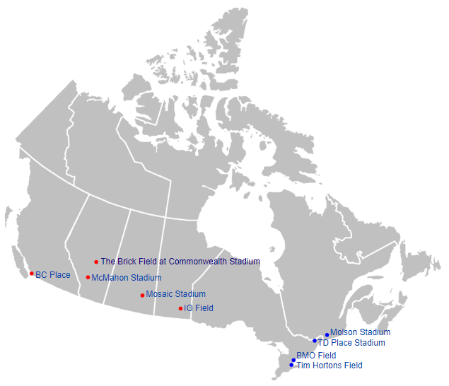 CFL Teams Map Graphic