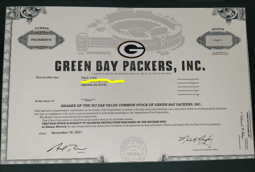 Packers Stock Certificate Image