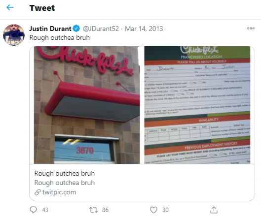 Justin Durant Chick-Fil-A Application